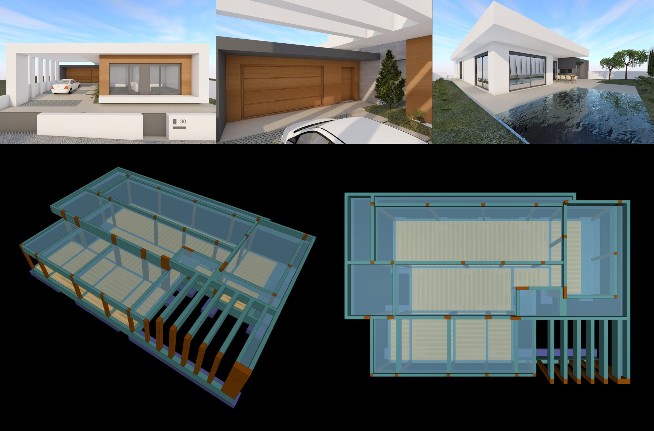 Moradia Térrea em Setúbal. Projetos. Na imagem: 3D da Arquitetura e 3D da Estrutura.