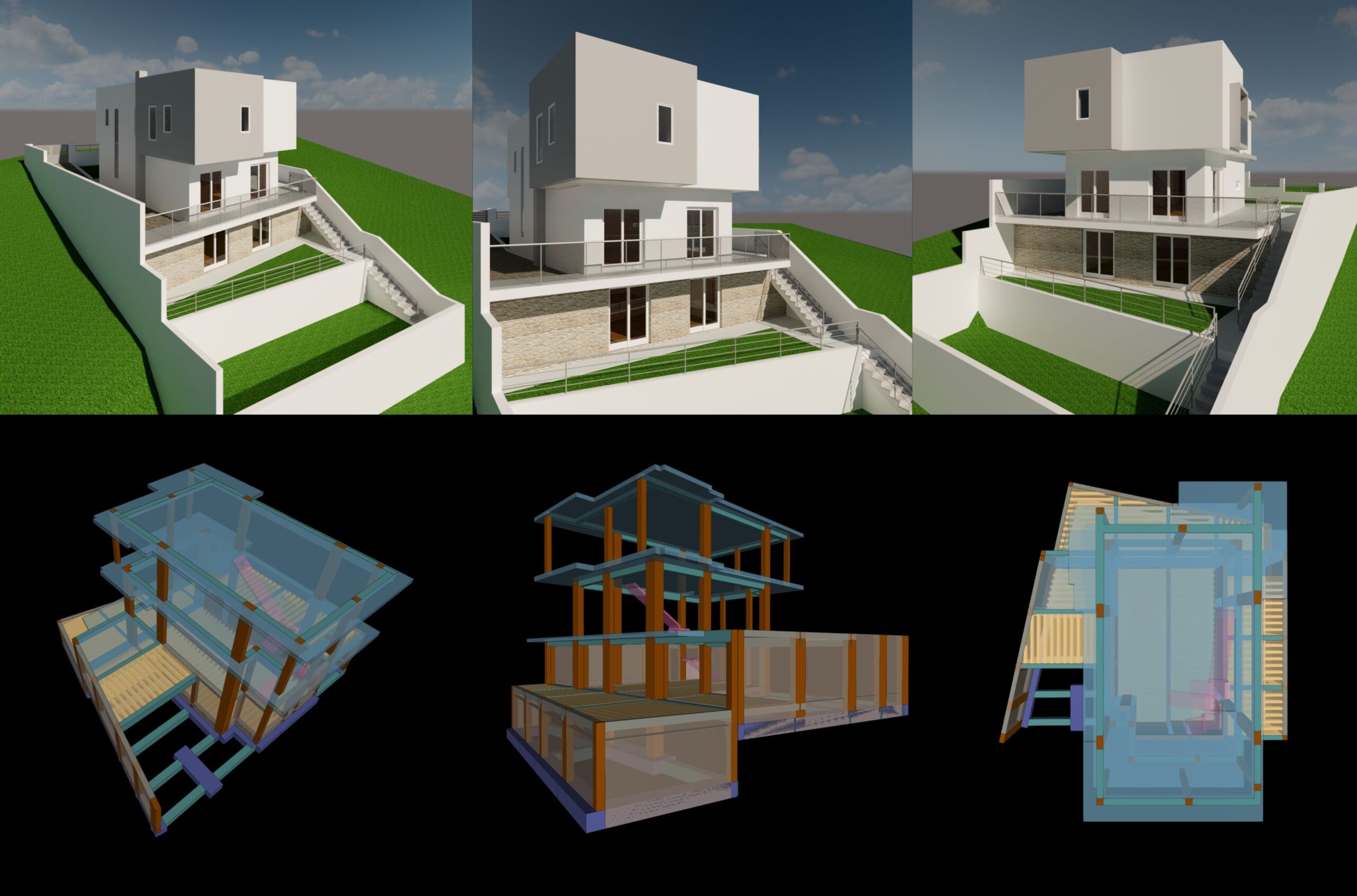 Moradia em declive. Almada. Projetos. Na imagem: Vistas 3D da Arquitetura e da Estrutura.