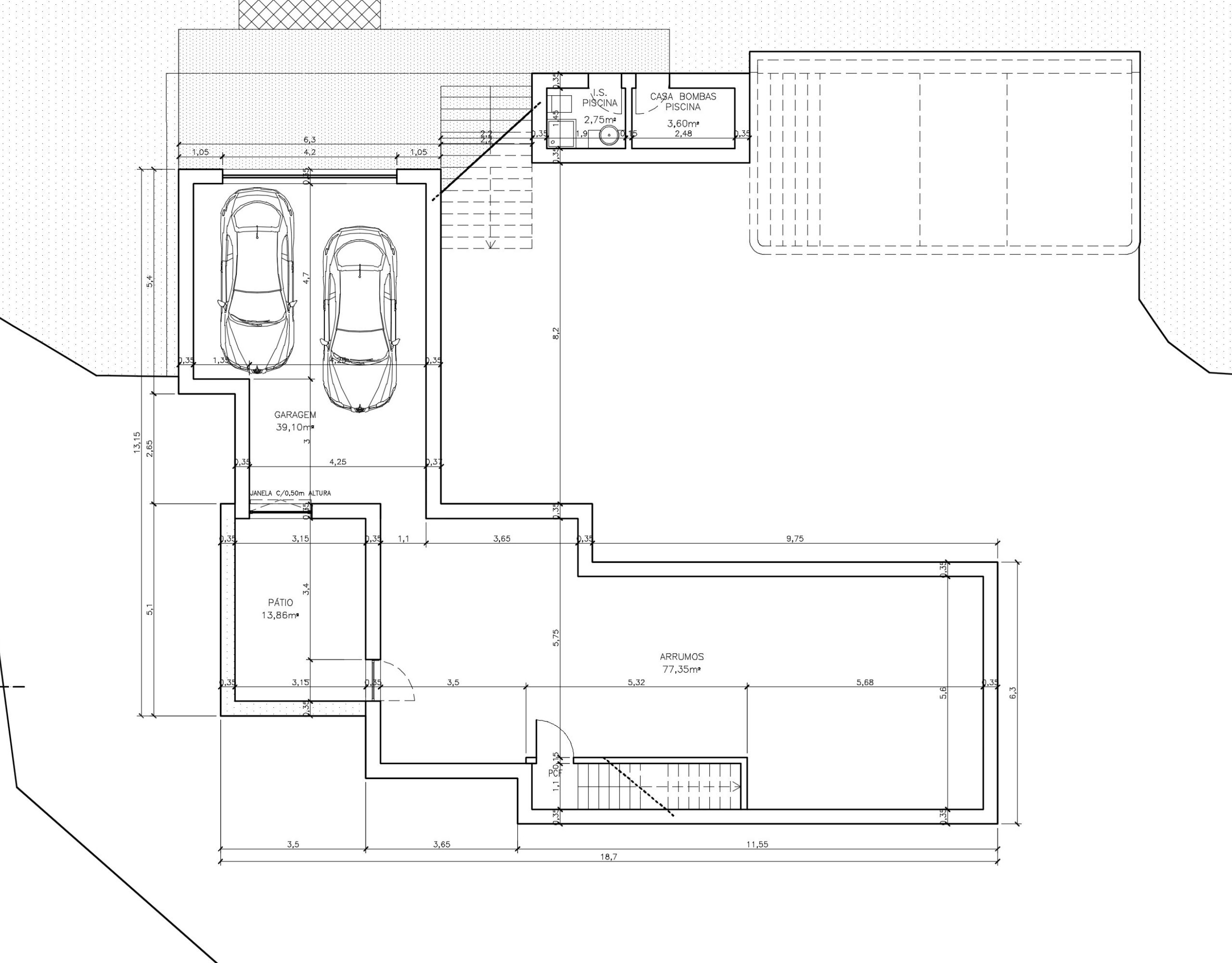 Moradia em Vila Alegre. Projeto de Arquitetura. Planta do Piso -1.